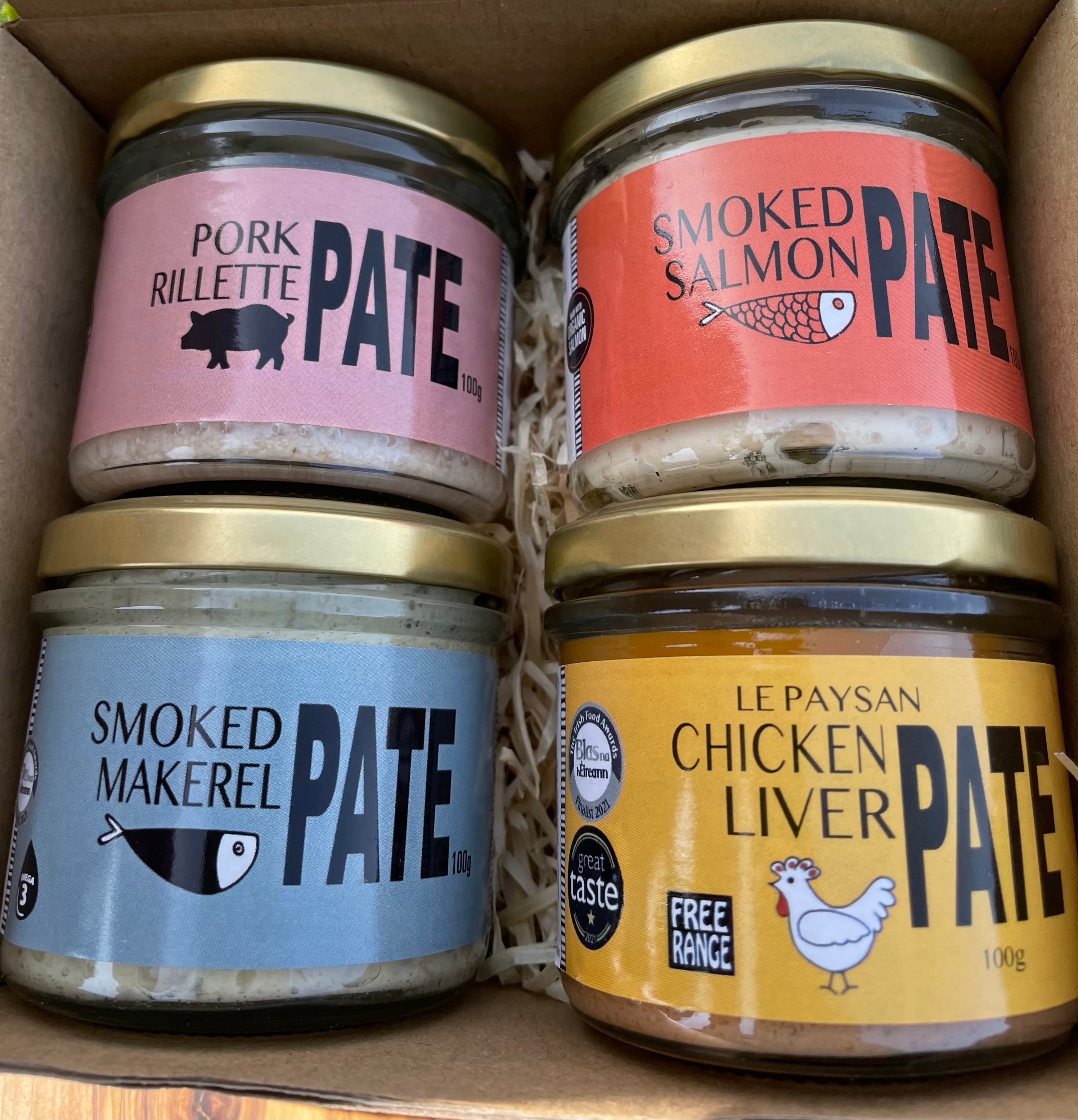 gift pack of 4 Le Paysan pates: 1 Free Range Chicken Liver pate 1 Smoked Mackerel pate 1 Irish Smoked Salmon Pate 1 Irish Pork Rillette pate